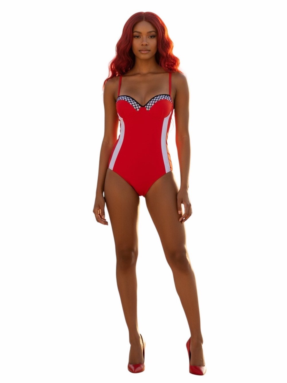 Red One-Piece Women's Swim with Contrast Panels